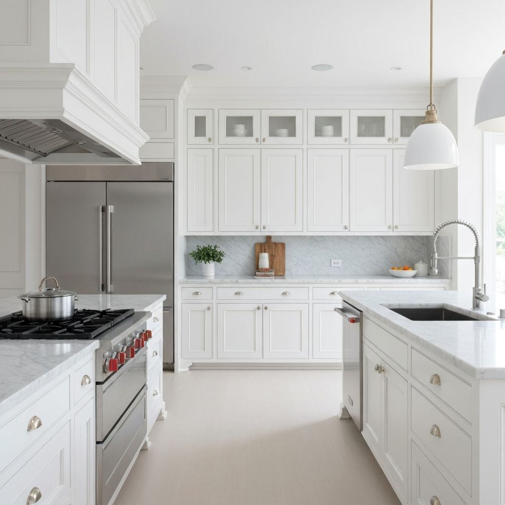 Modern luxury kitchen with white cabinets and marble countertops